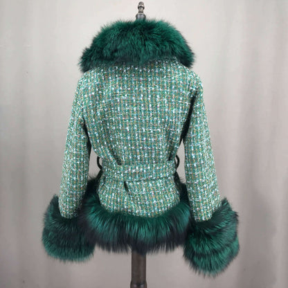 Short Jacket Coat with Real Red Fox Fur Collar for Women, Front and Belt, Elegant Fur, Green Color, Autumn and Winter Coat