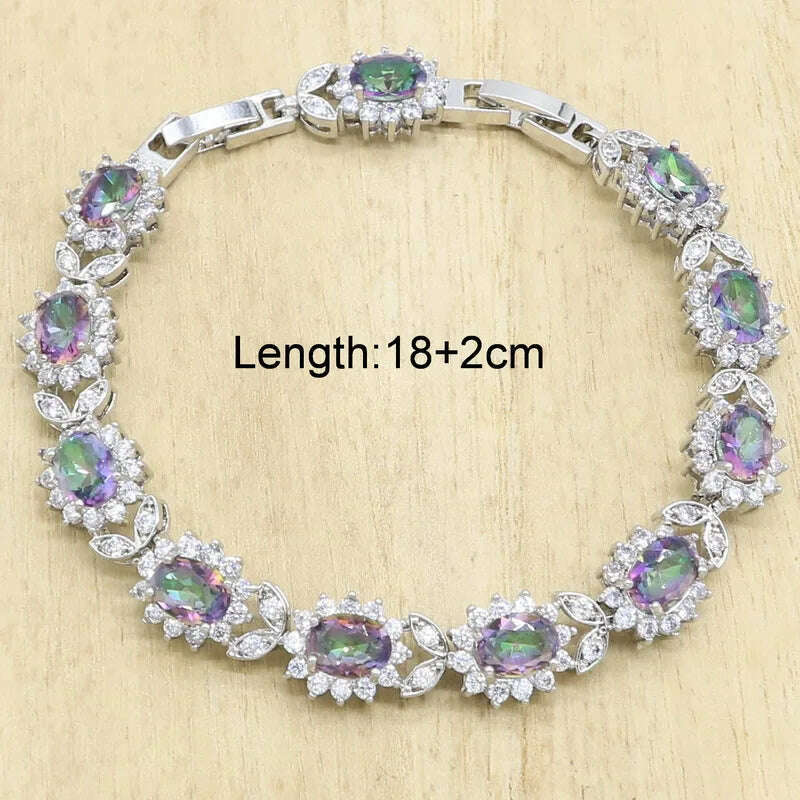 Silver 925 Jewelry Set Bridal For Women Rainbow Topaz Wedding Bracelet Necklace Rings Birthday Gift