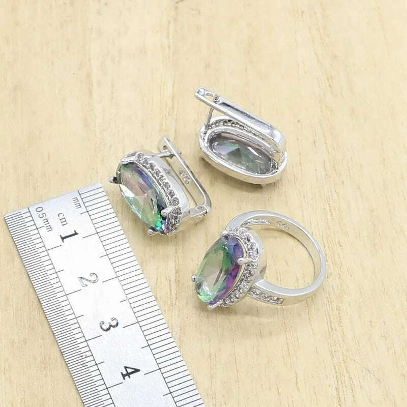 Silver 925 Jewelry Set Bridal For Women Rainbow Topaz Wedding Bracelet Necklace Rings Birthday Gift