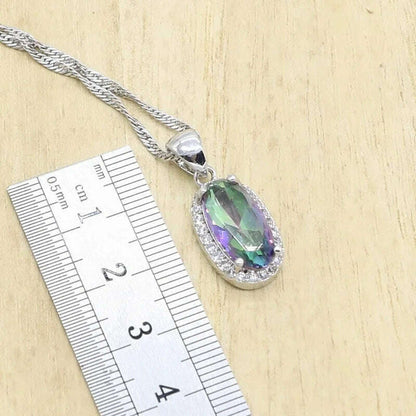 Silver 925 Jewelry Set Bridal For Women Rainbow Topaz Wedding Bracelet Necklace Rings Birthday Gift