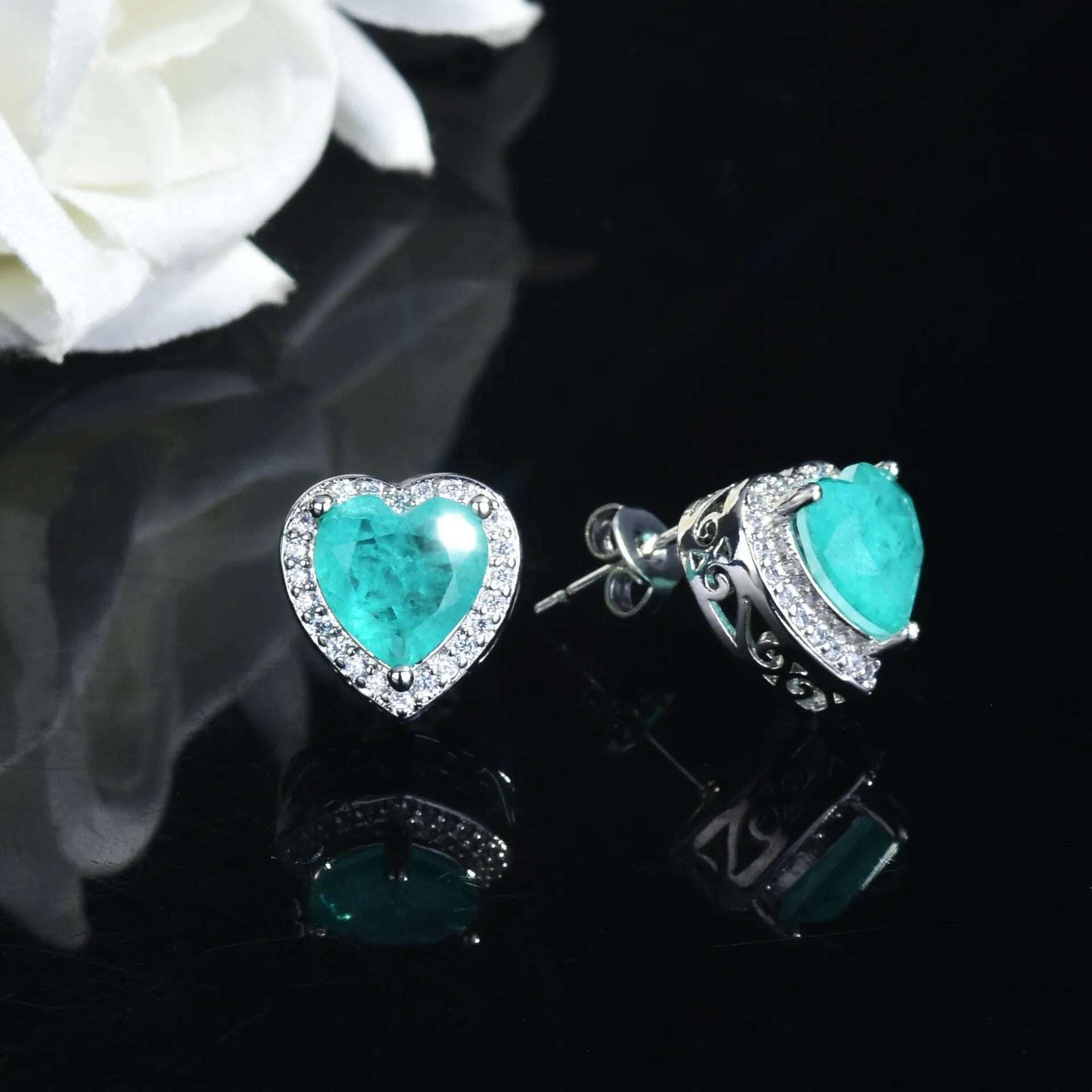 Silver Heart Shape Paraiba Tourmaline Gemstone Stud Earrings For Women Fashion Wedding Statement Jewelry Anniversary Gift