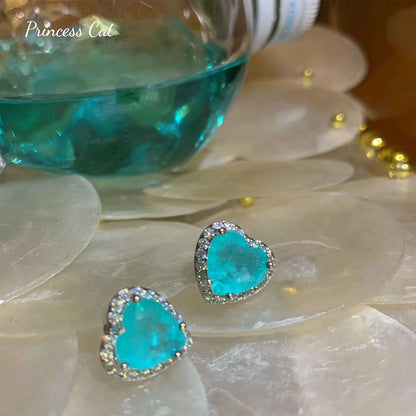 Silver Heart Shape Paraiba Tourmaline Gemstone Stud Earrings For Women Fashion Wedding Statement Jewelry Anniversary Gift