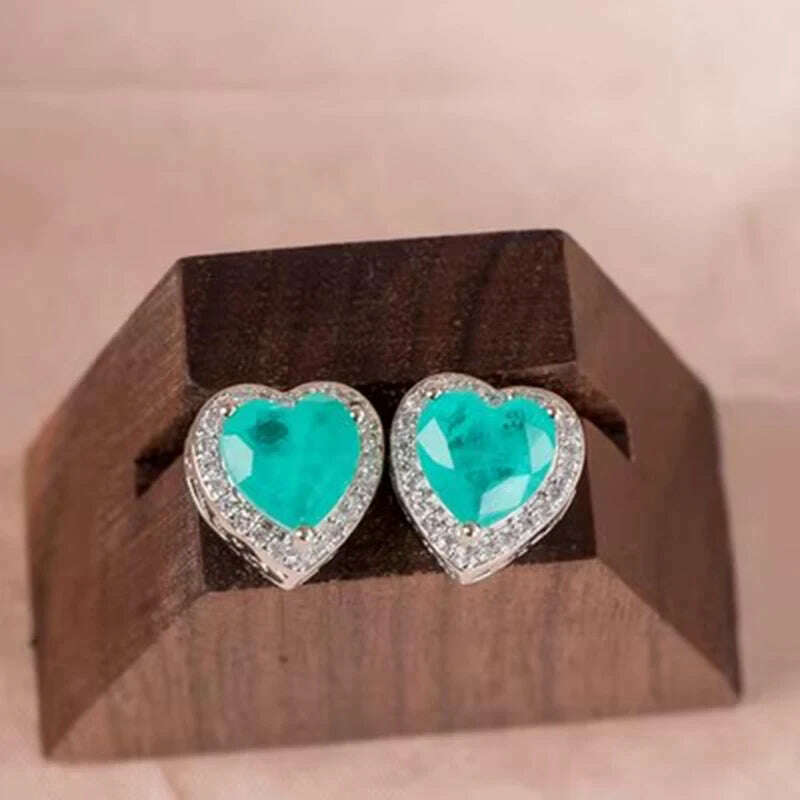 Silver Heart Shape Paraiba Tourmaline Gemstone Stud Earrings For Women Fashion Wedding Statement Jewelry Anniversary Gift