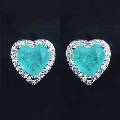 Silver Heart Shape Paraiba Tourmaline Gemstone Stud Earrings For Women Fashion Wedding Statement Jewelry Anniversary Gift