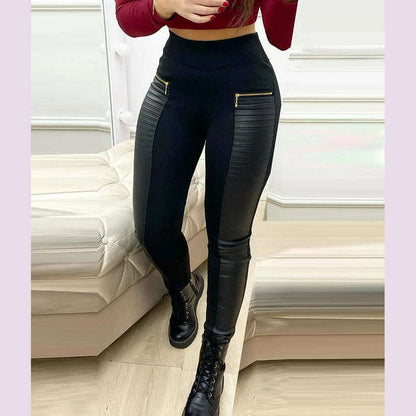 Skinny Pants Women Streetwear Contrast Zipper Detail New Fashion Elegant Leather Casual Bottom Trousers for Female Spring 2024