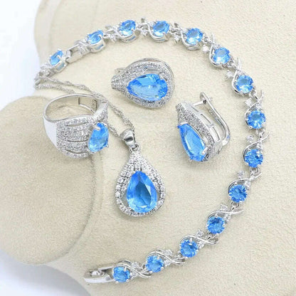 Sky Blue White Topaz 925 Sterling Silver Bridal Jewelry Sets For Women Earrings Necklace Ring Pendant Bracelets