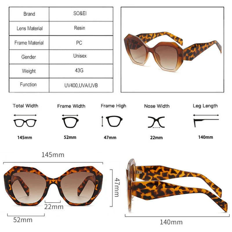 SO&amp;EI Fashion Oversized Polygon Cat Eye Sunglasses Women Retro Colorful Leopard Shades UV400 Men Gradient Sun Glasses