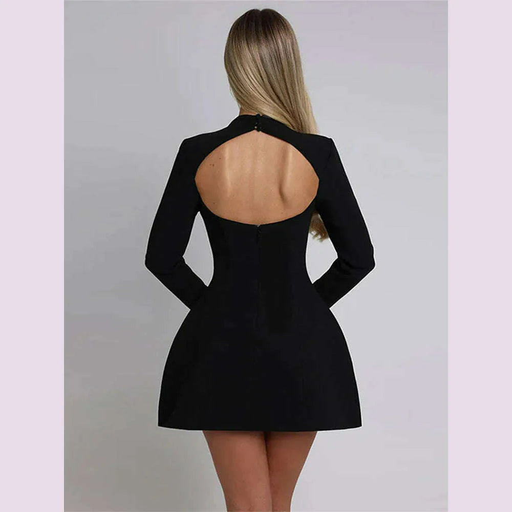 Solid Backless Dress Women Elegant Half High Collar Long Sleeve High Waist Female A Line Dresses Ladies Party Club Evening Gowns