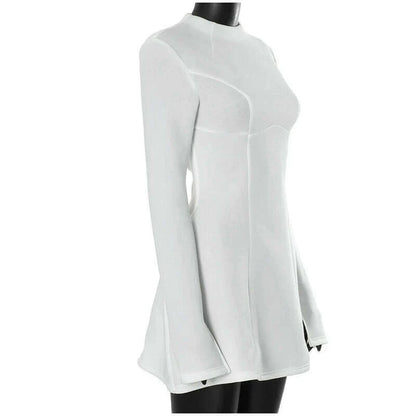 Solid Backless Dress Women Elegant Half High Collar Long Sleeve High Waist Female A Line Dresses Ladies Party Club Evening Gowns