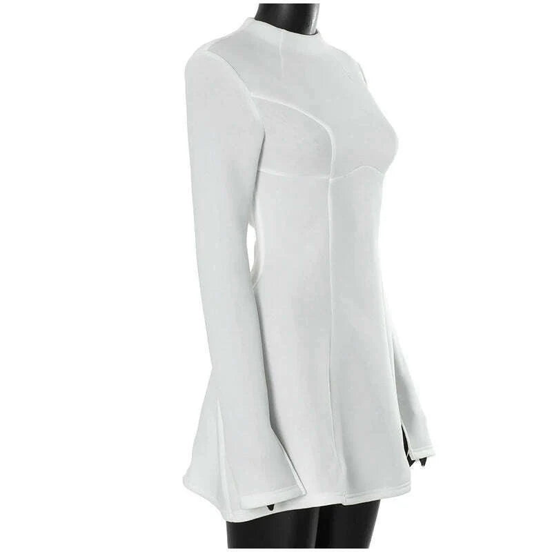 Solid Backless Dress Women Elegant Half High Collar Long Sleeve High Waist Female A Line Dresses Ladies Party Club Evening Gowns