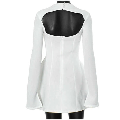 Solid Backless Dress Women Elegant Half High Collar Long Sleeve High Waist Female A Line Dresses Ladies Party Club Evening Gowns