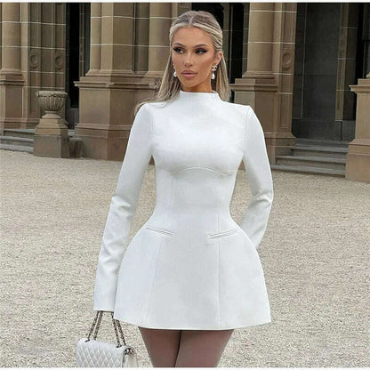 Solid Backless Dress Women Elegant Half High Collar Long Sleeve High Waist Female A Line Dresses Ladies Party Club Evening Gowns