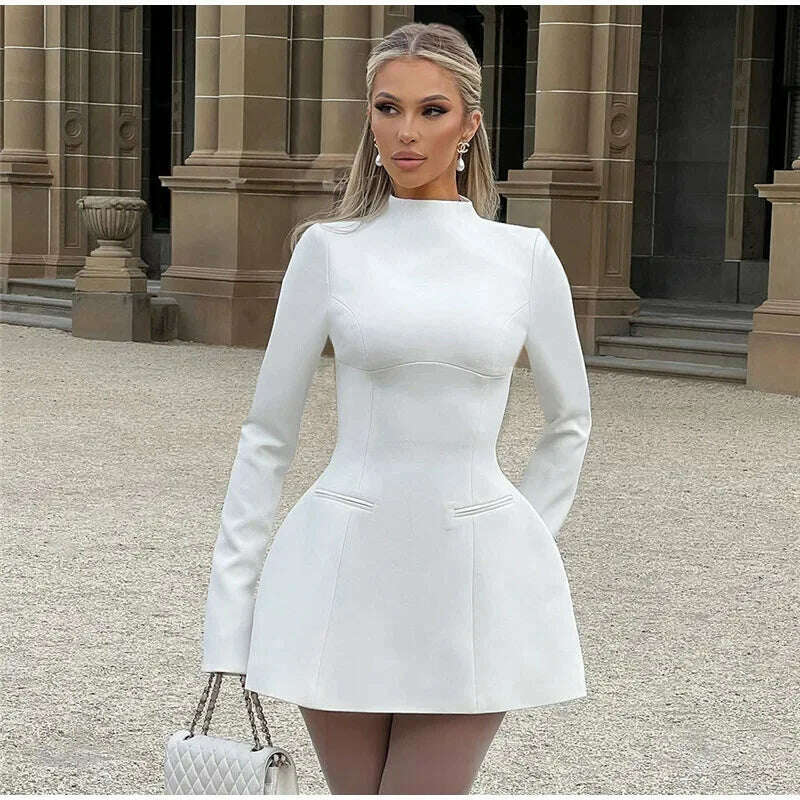 Solid Backless Dress Women Elegant Half High Collar Long Sleeve High Waist Female A Line Dresses Ladies Party Club Evening Gowns