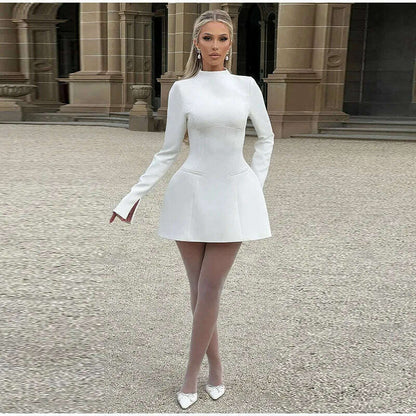 Solid Backless Dress Women Elegant Half High Collar Long Sleeve High Waist Female A Line Dresses Ladies Party Club Evening Gowns