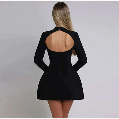 Solid Backless Dress Women Elegant Half High Collar Long Sleeve High Waist Female A Line Dresses Ladies Party Club Evening Gowns