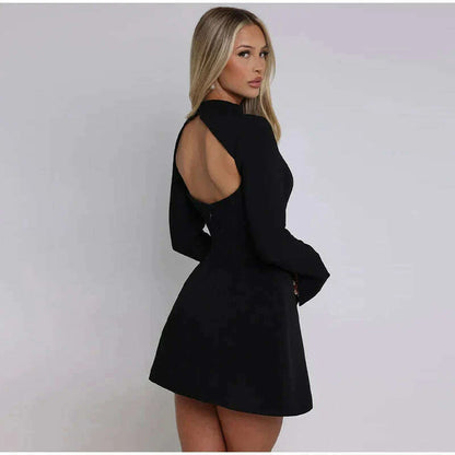 Solid Backless Dress Women Elegant Half High Collar Long Sleeve High Waist Female A Line Dresses Ladies Party Club Evening Gowns