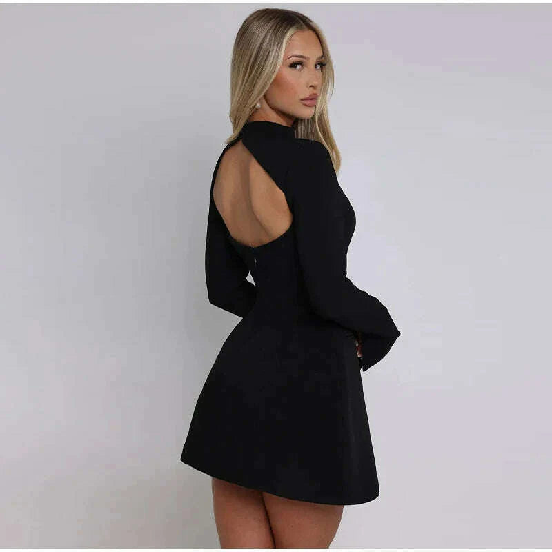 Solid Backless Dress Women Elegant Half High Collar Long Sleeve High Waist Female A Line Dresses Ladies Party Club Evening Gowns