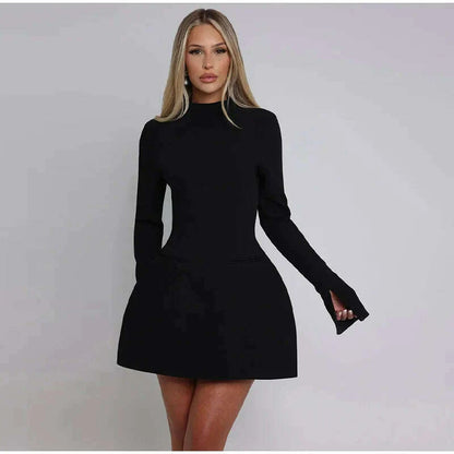 Solid Backless Dress Women Elegant Half High Collar Long Sleeve High Waist Female A Line Dresses Ladies Party Club Evening Gowns