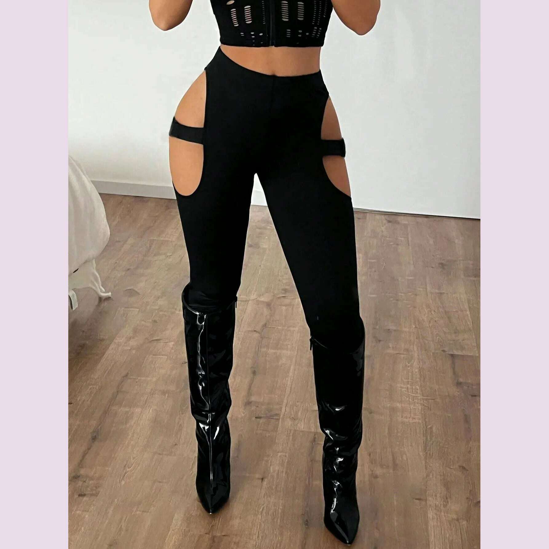 Solid color high waist leggings, sexy hollow slim pants, suitable for daily life, women's clothing