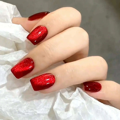 Sparkling Red Cat Eye Solid Color Fake Nail Halloween Fashion Detachable Finished False Nails Press on Nails with Glue Wholesale