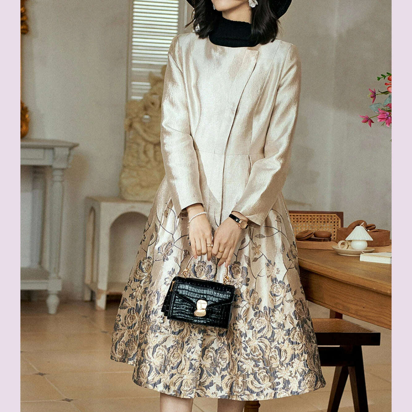 Spring and Autumn New Light Luxury Jacquard Embroidered Retro Windbreaker Mid Length Small Fragrant Wind Dress for Women