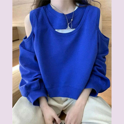 Spring Autumn Casual Fashion Hollow Out Sweatshirt Ladies Loose All-match Off the Shoulder Top Women Korean Style Solid Pullover