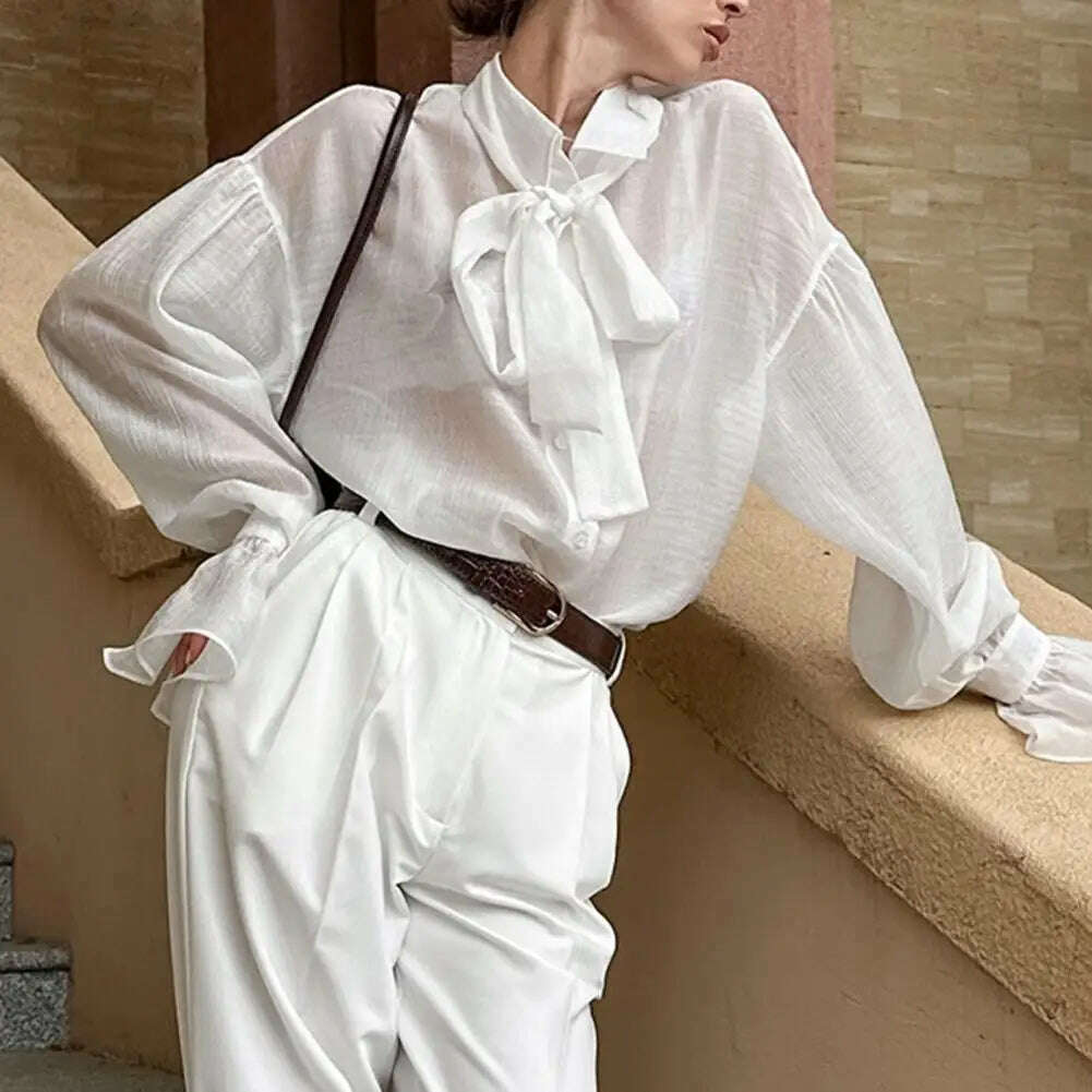 Spring Autumn Fashion White Ruffled Elegant Blouse Top Women New Long Sleeve Lapel Woman Shirt Solid Office Ladies Loose Tops