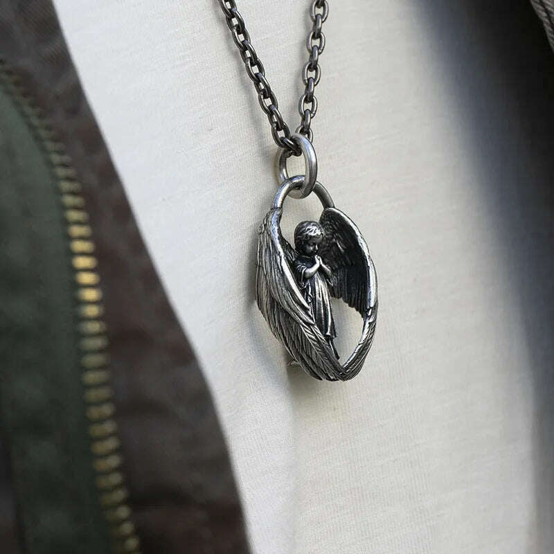 Stainless Steel Creative Personality Prayer Angel Pendant Necklace Men and Women Fashion Trend Hip Hop Punk Accessories Jewelry