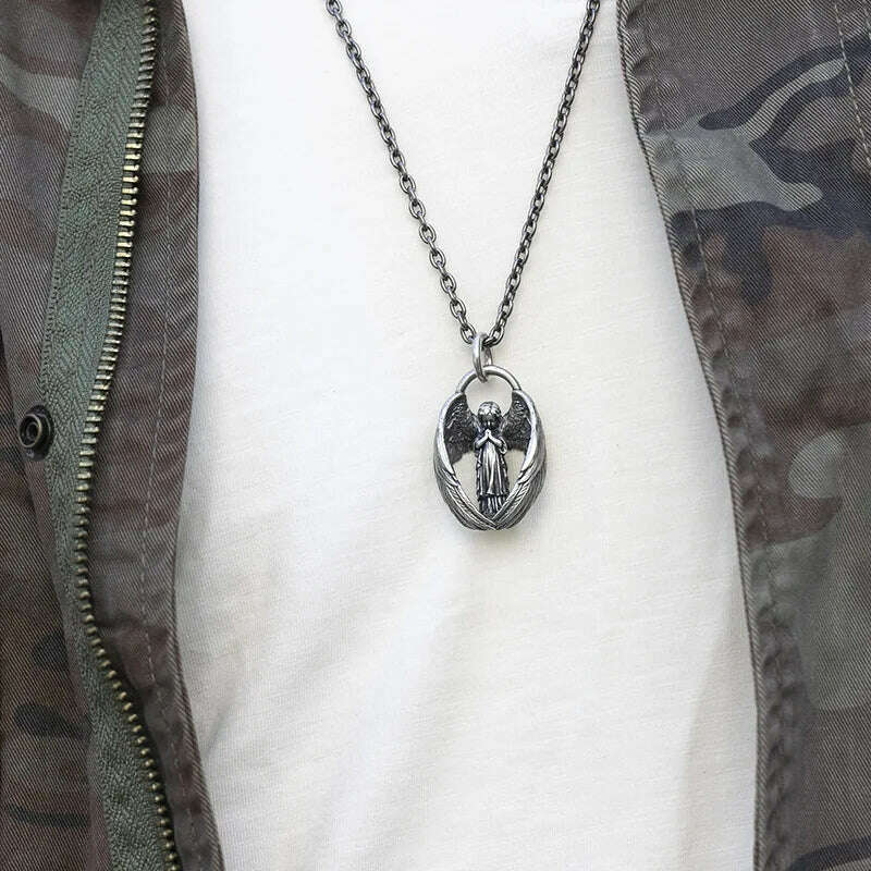 Stainless Steel Creative Personality Prayer Angel Pendant Necklace Men and Women Fashion Trend Hip Hop Punk Accessories Jewelry