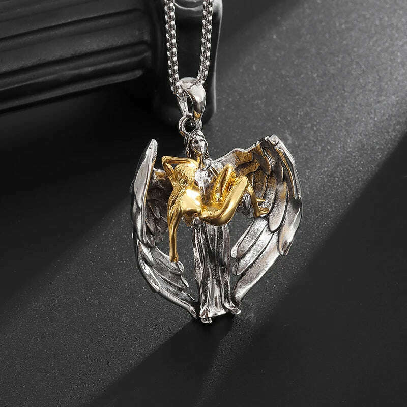 Stainless Steel Creative Personality Prayer Angel Pendant Necklace Men and Women Fashion Trend Hip Hop Punk Accessories Jewelry