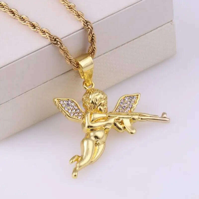 Stainless Steel Creative Personality Prayer Angel Pendant Necklace Men and Women Fashion Trend Hip Hop Punk Accessories Jewelry