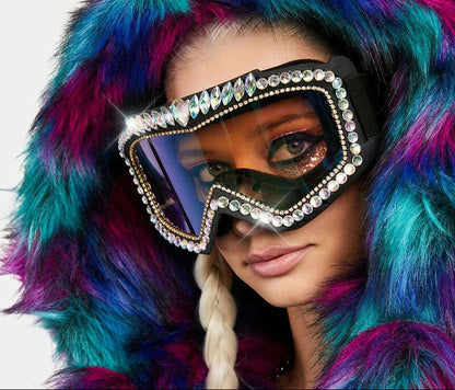 Steampunk Oversized Diamond Ski Sunglasses Goggle Women Men Snowing Sport Sun Glasses Luxury Rhinestone Eyeglasses De Sol Hombre
