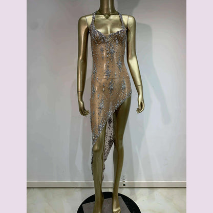 Stock Sparkly Rhinestone Evening Dress Women Celebrity Birthday Wear Sexy See Through Mesh Photo Shoot Stage performance Costume