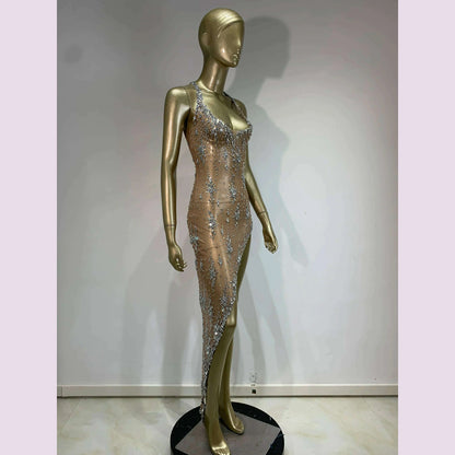 Stock Sparkly Rhinestone Evening Dress Women Celebrity Birthday Wear Sexy See Through Mesh Photo Shoot Stage performance Costume