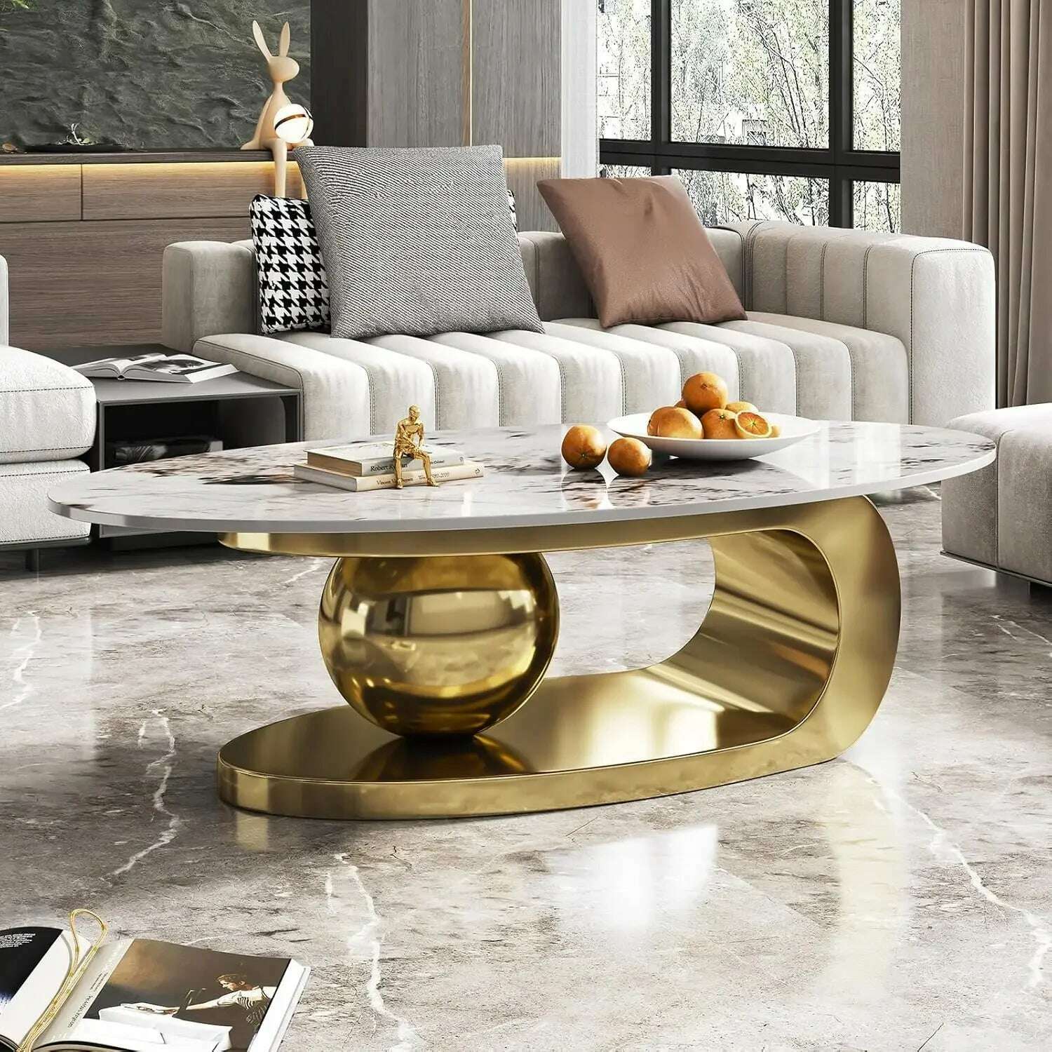 Stone Coffee Table with Abstract Gold Metal Base - Perfect Centerpiece for Stylish Living Rooms-Gold,51" Lx28 Wx16.5