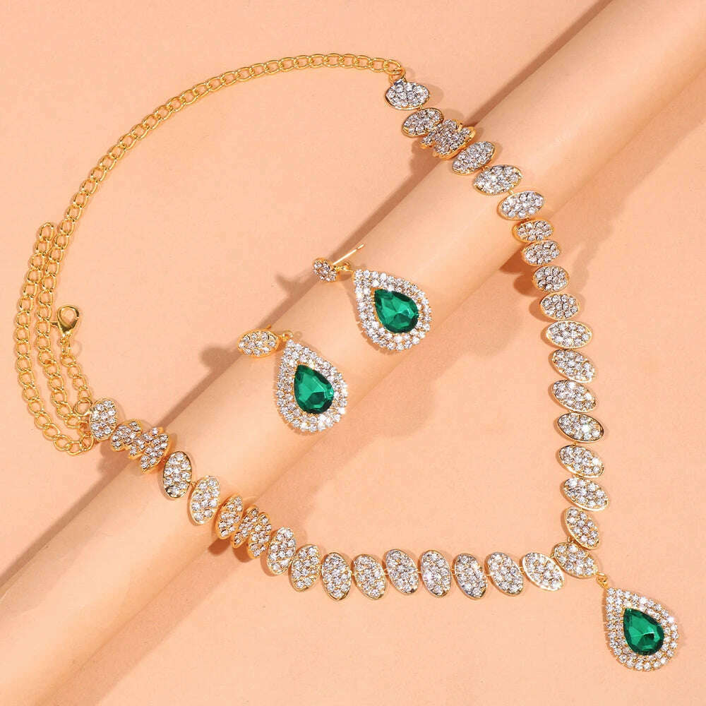Stonefans Exquisite Round Crystal Necklace Set Wedding for Women Green Water Drop Rhinestone African Jewelry Set Bridal Gifts