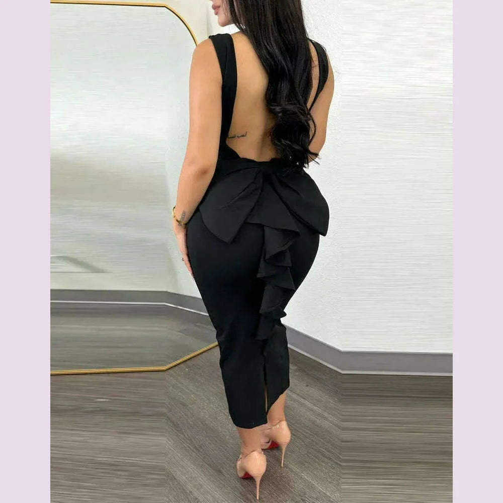 Summer 2024 Vestidos Sexy Party Dresses Women Plunging V-neck Sleeveless Backless Bowknot Ruffles Back Bodycon Midi Dress