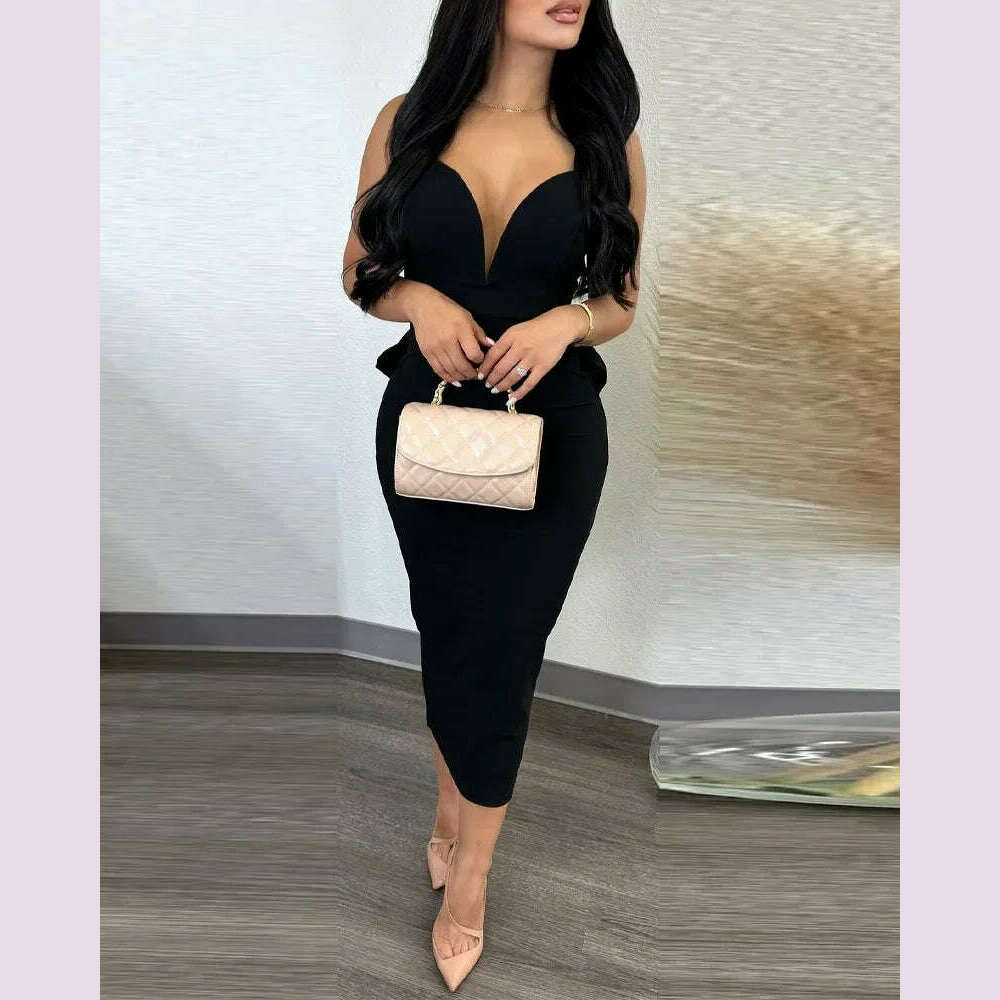 Summer 2024 Vestidos Sexy Party Dresses Women Plunging V-neck Sleeveless Backless Bowknot Ruffles Back Bodycon Midi Dress