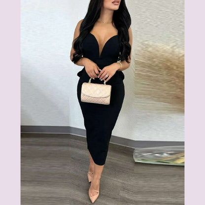 Summer 2024 Vestidos Sexy Party Dresses Women Plunging V-neck Sleeveless Backless Bowknot Ruffles Back Bodycon Midi Dress