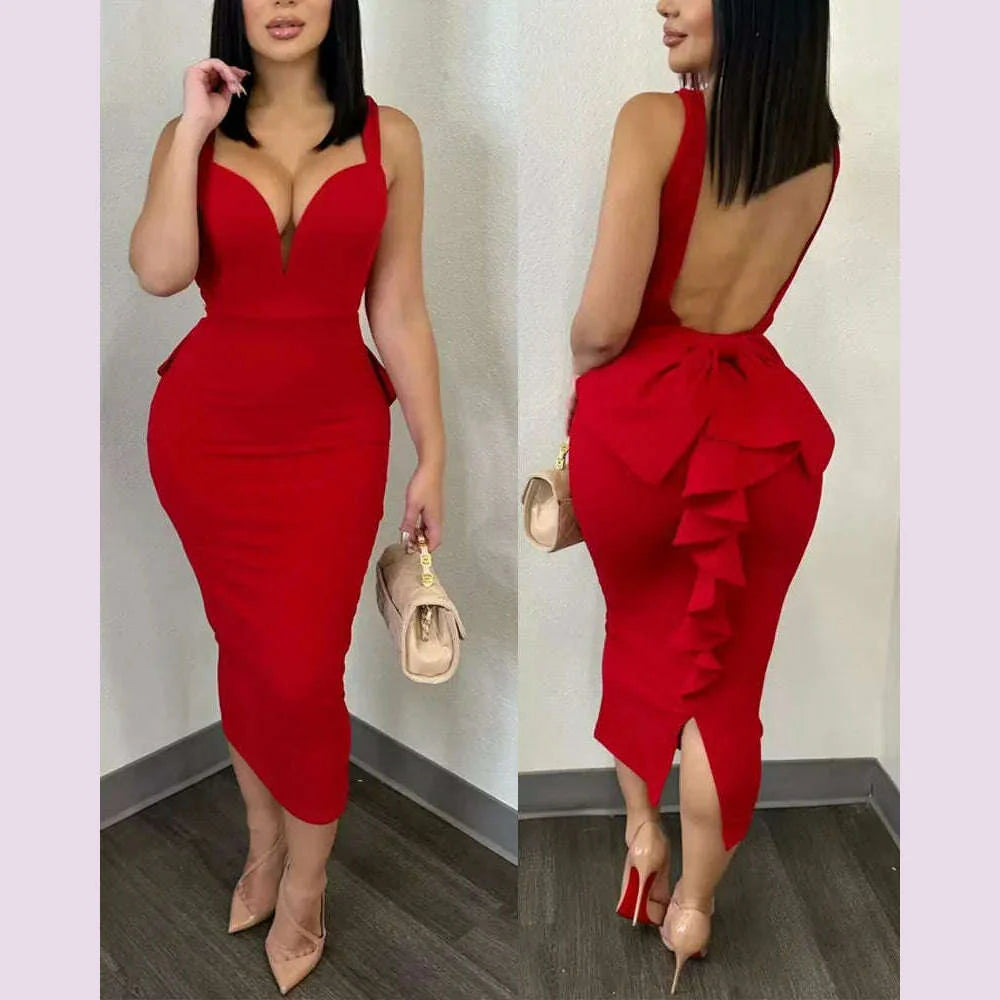 Summer 2024 Vestidos Sexy Party Dresses Women Plunging V-neck Sleeveless Backless Bowknot Ruffles Back Bodycon Midi Dress