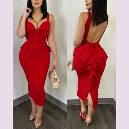 Summer 2024 Vestidos Sexy Party Dresses Women Plunging V-neck Sleeveless Backless Bowknot Ruffles Back Bodycon Midi Dress