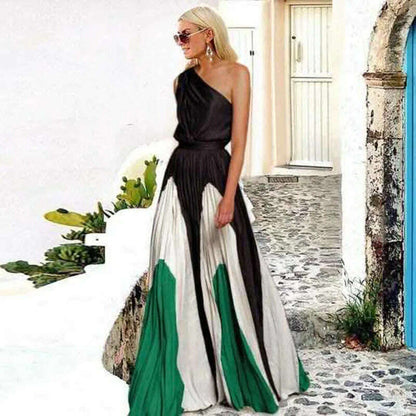 Summer Dresses 2025 Fashion One Shoulder Sleeveless Splicing Print Off Shoulder Long Dresses Elegant Women Clothing Dress Hot