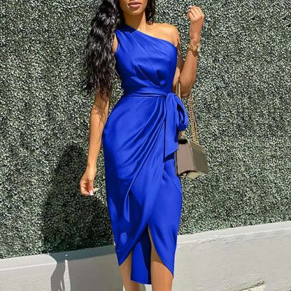 Summer Dresses Women Green Sexy One Shoulder Satin Asymmetrical Ruched Midi Evening Party Prom Dress Gown Bandage Plus Size Robe