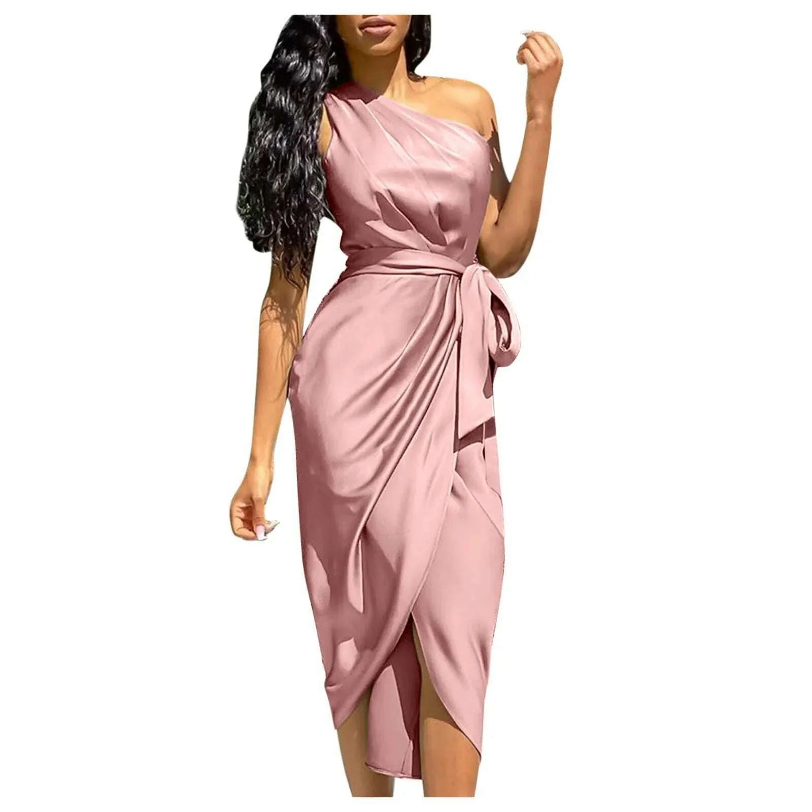 Summer Dresses Women Green Sexy One Shoulder Satin Asymmetrical Ruched Midi Evening Party Prom Dress Gown Bandage Plus Size Robe