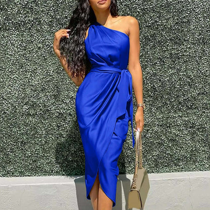 Summer Dresses Women Green Sexy One Shoulder Satin Asymmetrical Ruched Midi Evening Party Prom Dress Gown Bandage Plus Size Robe
