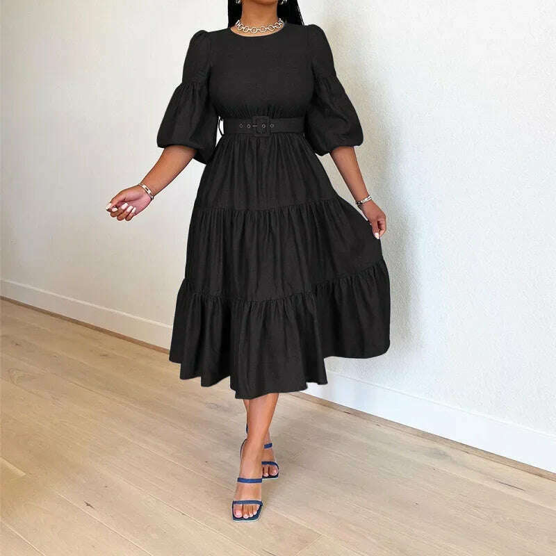 Summer Dresses Women Pleated Large Swing Skirt Round Neck Puff Medium Sleeved Denim Skirts Belt Long Womens Solid Dresses