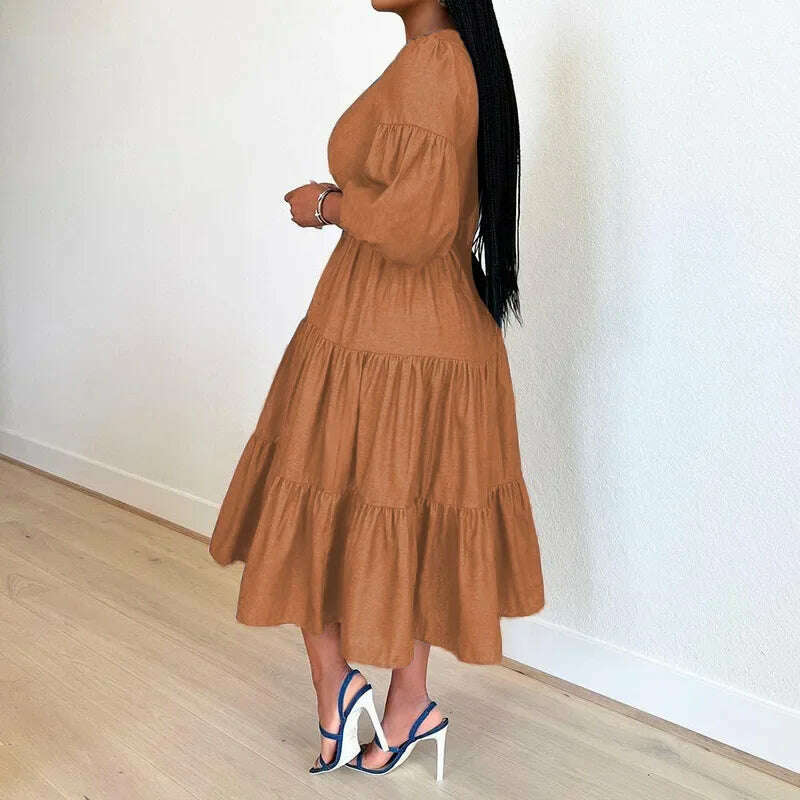 Summer Dresses Women Pleated Large Swing Skirt Round Neck Puff Medium Sleeved Denim Skirts Belt Long Womens Solid Dresses