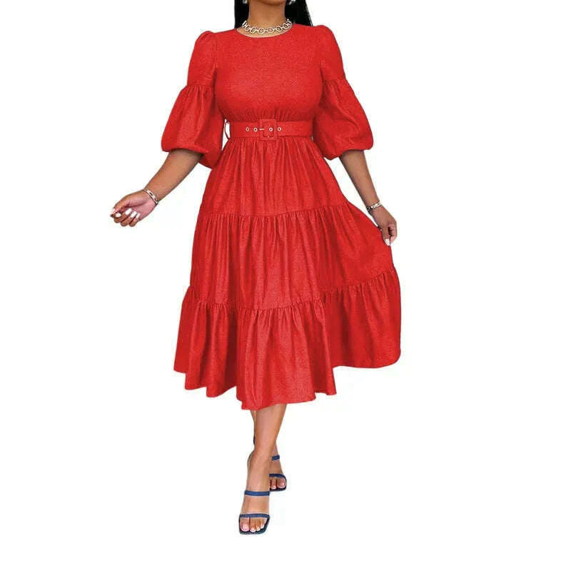 Summer Dresses Women Pleated Large Swing Skirt Round Neck Puff Medium Sleeved Denim Skirts Belt Long Womens Solid Dresses