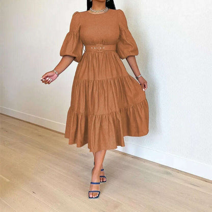 Summer Dresses Women Pleated Large Swing Skirt Round Neck Puff Medium Sleeved Denim Skirts Belt Long Womens Solid Dresses