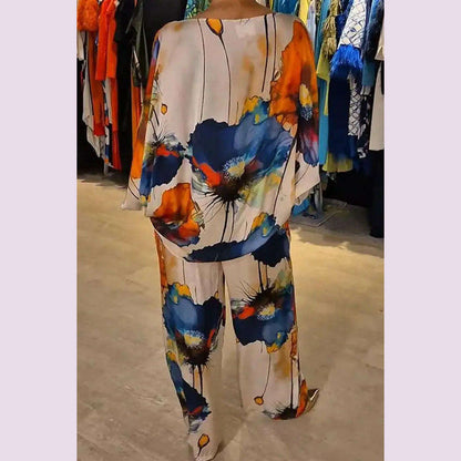 Summer Fashion Printed Satin Two Piece Sets Women Sexy Round Neck 3/4 Sleeved Top + Wide Leg Long Pants Casual Two Piece Set
